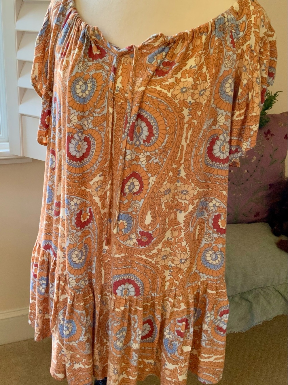 Cynthia Rowley Boho Paisley Ruffle Orange Floral On or Off-Shoulder Dress